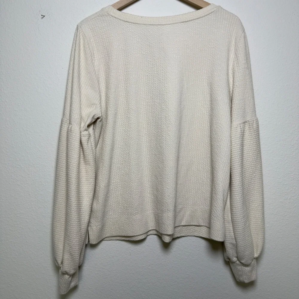 Anthropologie Women Cotton Knit Top XL Cream Textured Balloon Sleeve Preppy
